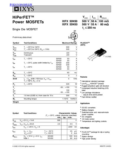 IXYS IXFX 50N50 Datasheet - cover page