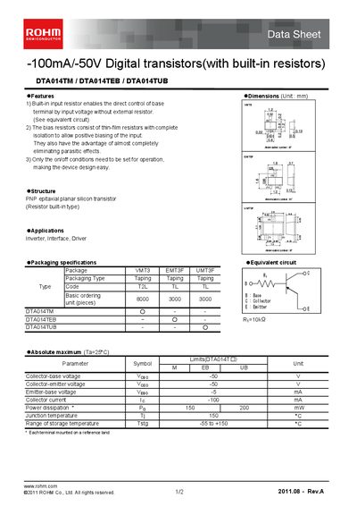 ROHM DTA014TM Data Sheet - cover page
