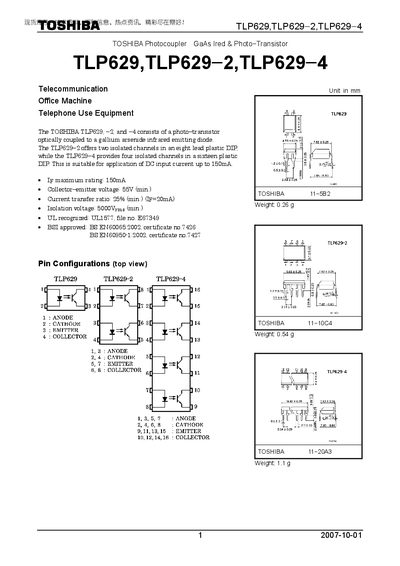 TOSHIBA Photocoupler GaAs Ired Photo Transistor TLP629 TLP629-2 TLP629-4 Manual(1) - cover page