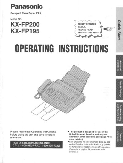 Panasonic KX-FP200/KX-FP195 Compact Plain Paper FAX Operating Instructions - cover page