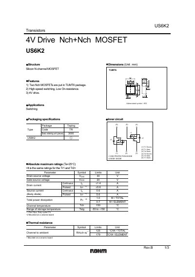 ROHM US6K2 N‑Channel MOSFET Datasheet - cover page