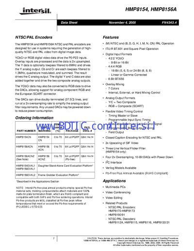 Intersil HMP8154 and HMP8156A NTSC/PAL Encoder Datasheet - cover page