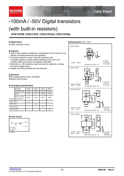ROHM DTA115TUA Digital Transistor Datasheet - cover page