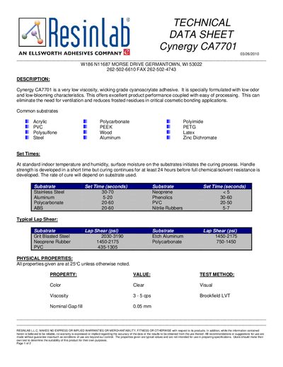 Cynergy CA7701 Cyanoacrylate Adhesive Technical Data Sheet - cover page
