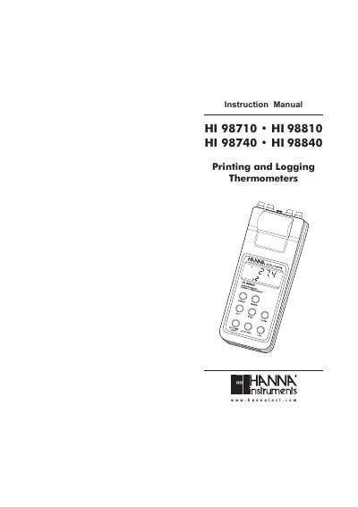 Hanna Instruments HI 98710/98810/98740/98840 Printing Logging Thermometers Instruction Manual - cover page