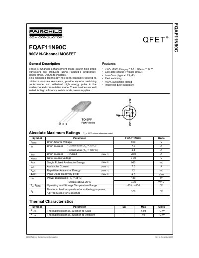 Fairchild Semiconductor FQAF11N90C 900V N-Channel MOSFET Datasheet