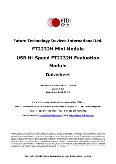 FTDI FT2232H Mini Module USB Hi-Speed Evaluation Module Datasheet - cover page