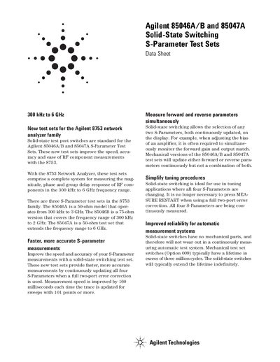 Agilent 85046A/B and 85047A Solid-State Switching S-Parameter Test Sets Data Sheet - cover page