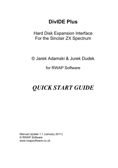 RWAP Software DivIDE Plus Hard Disk Expansion Interface Quick Start Guide - cover page