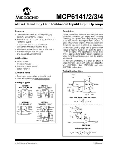MICROCHIP MCP6141/2/3/4 600 nA Non-Unity Gain Rail-to-Rail Input/Output Op Amps Manual - cover page