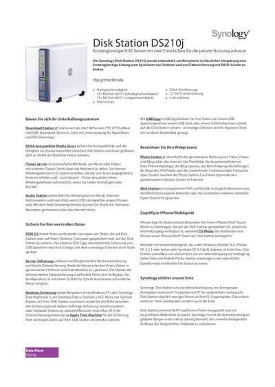 Synology DS210j Network Attached Storage Product Leaflet - cover page