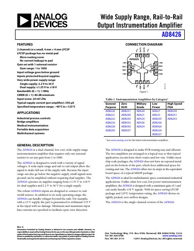 Analog Devices AD8426 Instrumentation Amplifier Datasheet - cover page