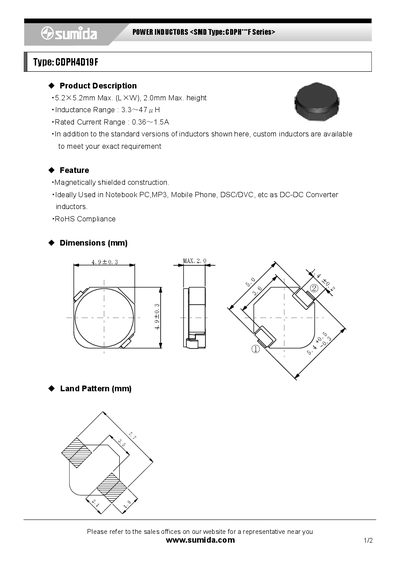 Sumida CDPH4D19F Series SMD Power Inductors Datasheet - cover page