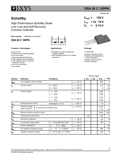 IXYS DSA 20 C 150PN Advanced Schottky Diode Datasheet - cover page
