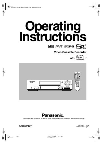 Panasonic AG-2580P VHS Video Cassette Recorder User Manual - cover page
