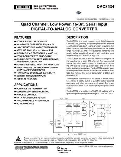 Texas Instruments DAC8534 Digital-to-Analog Converter Datasheet - cover page