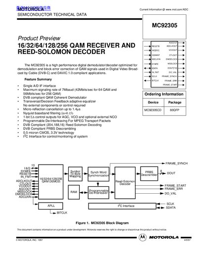 Motorola MC92305 QAM Receiver and Reed-Solomon Decoder Datasheet - cover page
