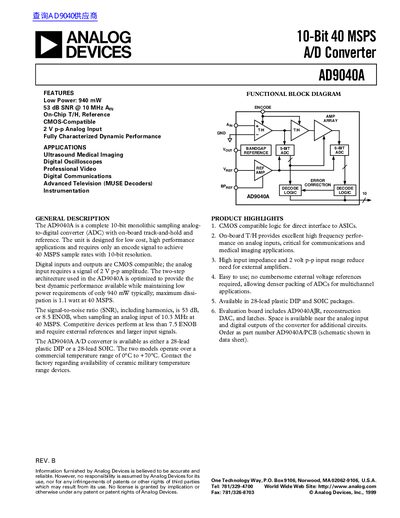 ANALOG DEVICES 10-Bit 40 MSPS A/D Converter AD9040A handbook - cover page