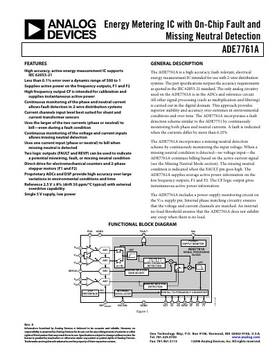 Analog Devices ADE7761A Energy Metering IC Datasheet - cover page