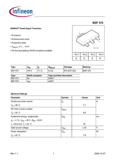 Infineon BSP 373 Small-Signal Transistor Datasheet - cover page