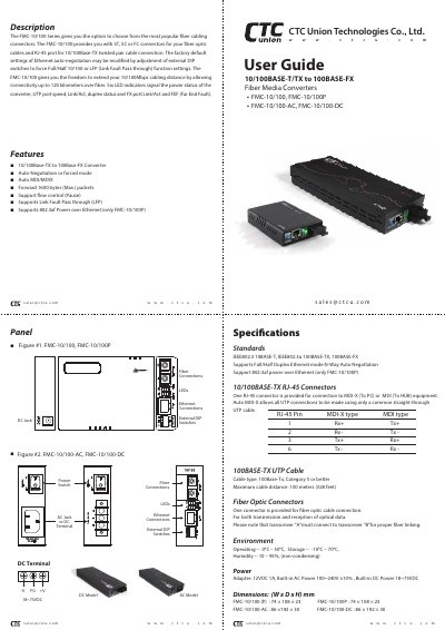 CTC union 10/100BASE-T/TX to 100BASE-FX user manual - cover page