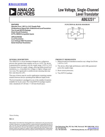 Analog Devices ADG3231 Low Voltage Level Translator Datasheet - cover page