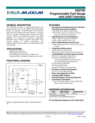 Maxim DS2792 Programmable Fuel Gauge with UART Interface Datasheet - cover page