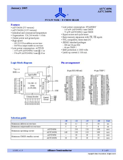 Alliance AS7C4096/AS7C34096 SRAM Datasheet - cover page