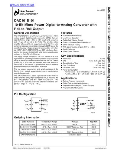National Semiconductor DAC101S101 10-Bit Micro Power Digital-to-Analog Converter Datasheet - cover page