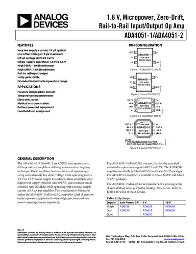 Analog Devices ADA4051-1/ADA4051-2 Operational Amplifier Datasheet - cover page