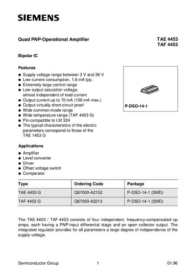 Siemens TAE 4453/TAF 4453 Quad PNP-Operational Amplifier Datasheet - cover page