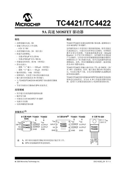 Microchip TC4421/TC4422 9A High‑Speed MOSFET Driver Datasheet - cover page