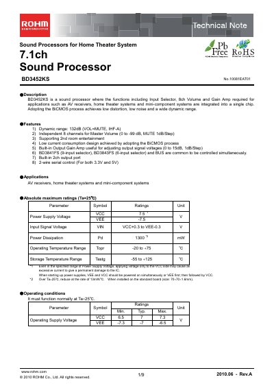 ROHM BD3452KS Sound Processor Technical Note - cover page