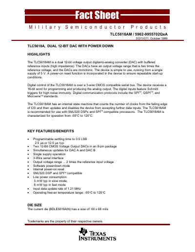 TEXAS INSTRUMENTS-TLC5618AM-5962-9955702QxA-Dual-12-Bit-DAC-With-Power-Down Data Converters - cover page