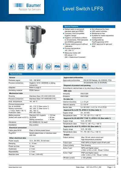 Baumer LFFS-1 Level Switch Datasheet - cover page