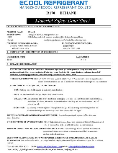 ECOOL Refrigerant R170 ETHANE Material Safety Data Sheet - cover page