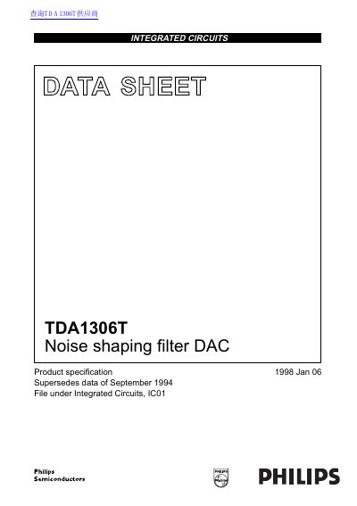Philips TDA1306T Noise Shaping Filter DAC Datasheet - cover page