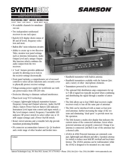 Samson Synth Series Six True Diversity Wireless System Product Leaflet - cover page
