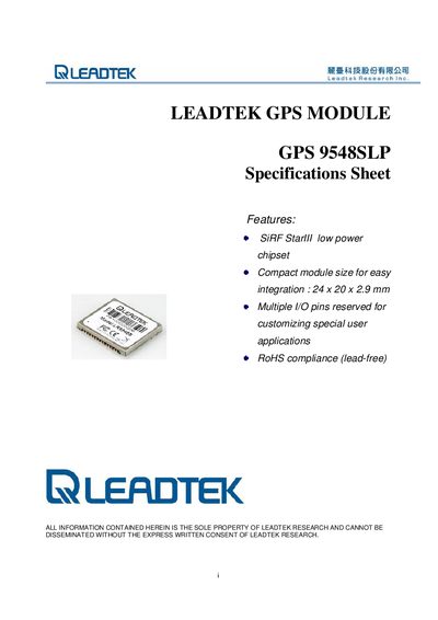 Leadtek LR9548SLP GPS Module Specifications Sheet - cover page