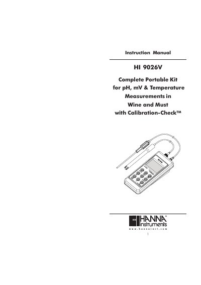 Hanna Instruments HI 9026V pH Meter Instruction Manual - cover page