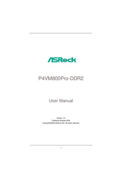 ASRock P4VM800Pro-DDR2 Motherboard User Manual - cover page