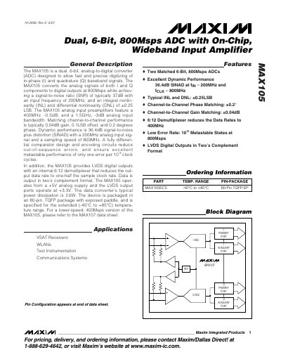 Maxim MAX105 Dual 6-Bit 800Msps ADC with On-Chip Wideband Input Amplifier Datasheet - cover page