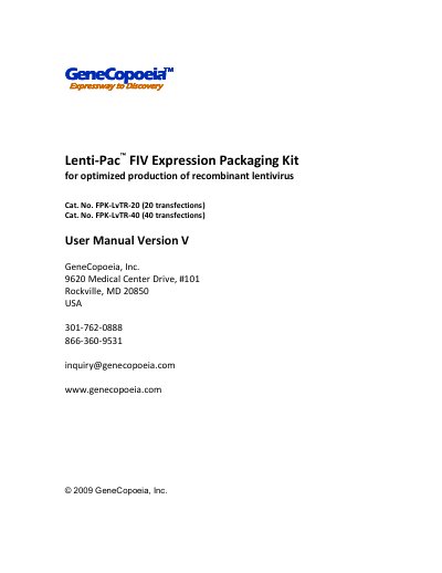 GeneCopoeia FPK-LvTR-20 / FPK-LvTR-40 User Manual - cover page
