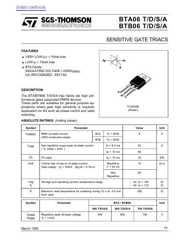 SGS-THOMSON BTA06/BTB06 Sensitive Gate Triacs Datasheet - cover page