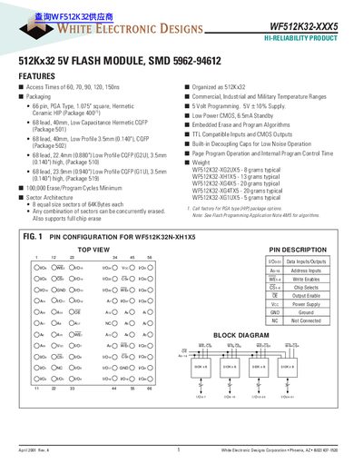 White Electronic Designs WF512K32-XXX5 Flash Memory Module Datasheet - cover page