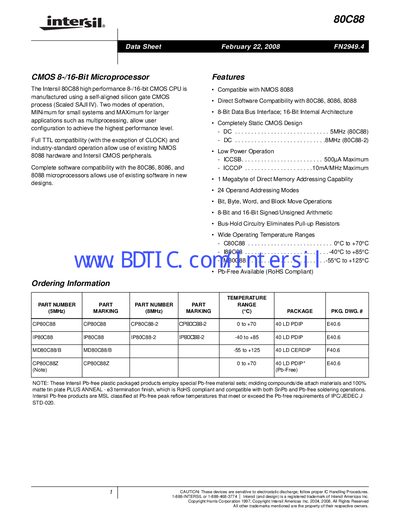 Intersil 80C88 Datasheet - cover page