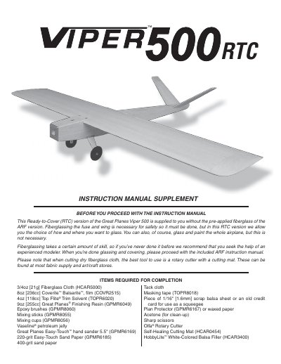 Great Planes Viper 500 RTC Fiberglassing Instruction Supplement - cover page