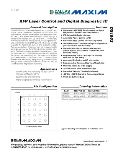 Maxim DS1862 XFP Laser Control and Digital Diagnostic IC Datasheet - cover page