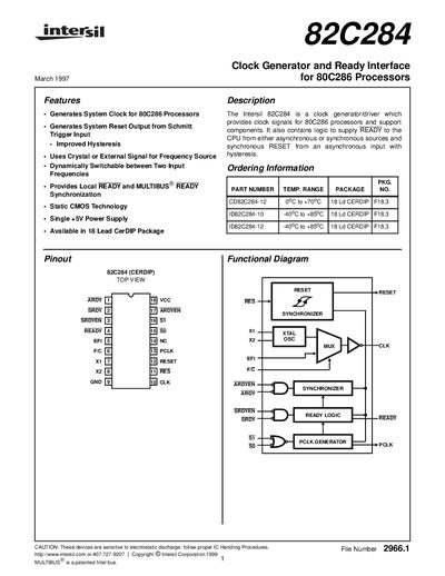 Intersil 82C284 Clock Generator Data Sheet - cover page