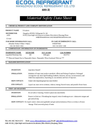 ECOOL N-butane Material Safety Data Sheet - cover page